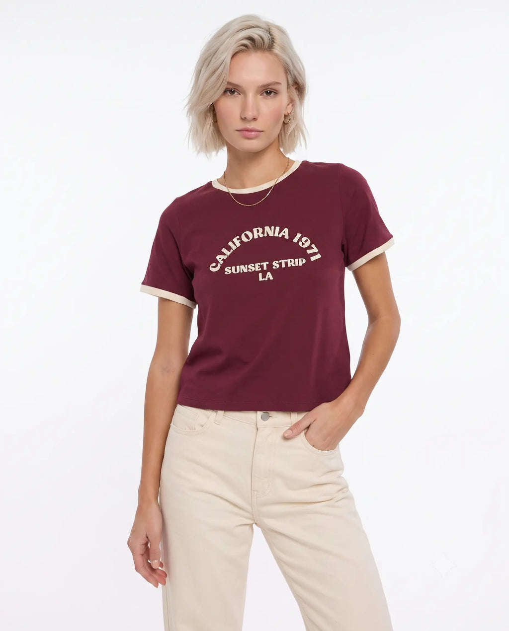 Slogan Baskılı Kontrast Biye Detaylı Örme T-Shirt - Bordo / XS