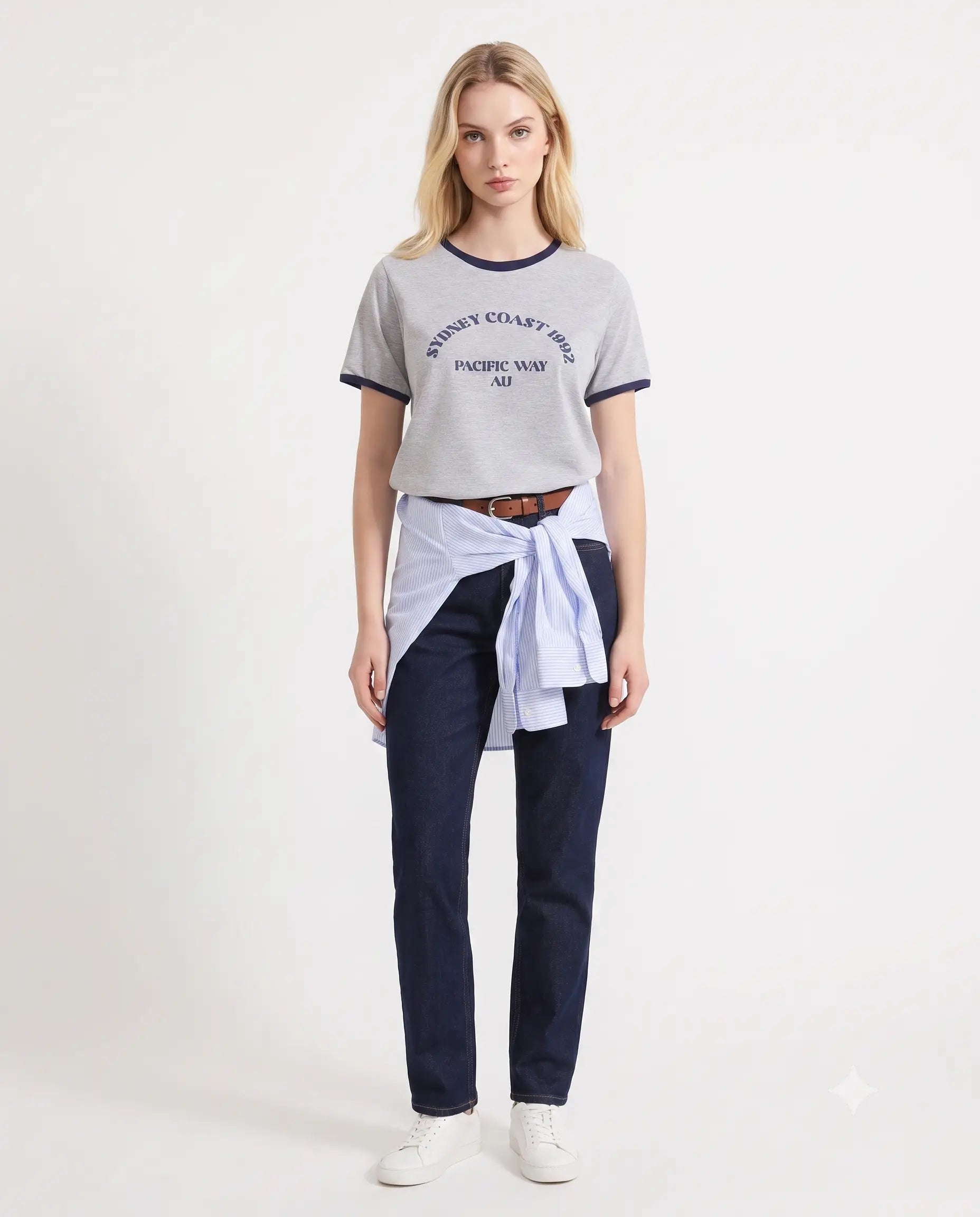 Slogan Baskılı Kontrast Biye Detaylı Örme T-Shirt - Gri / XS