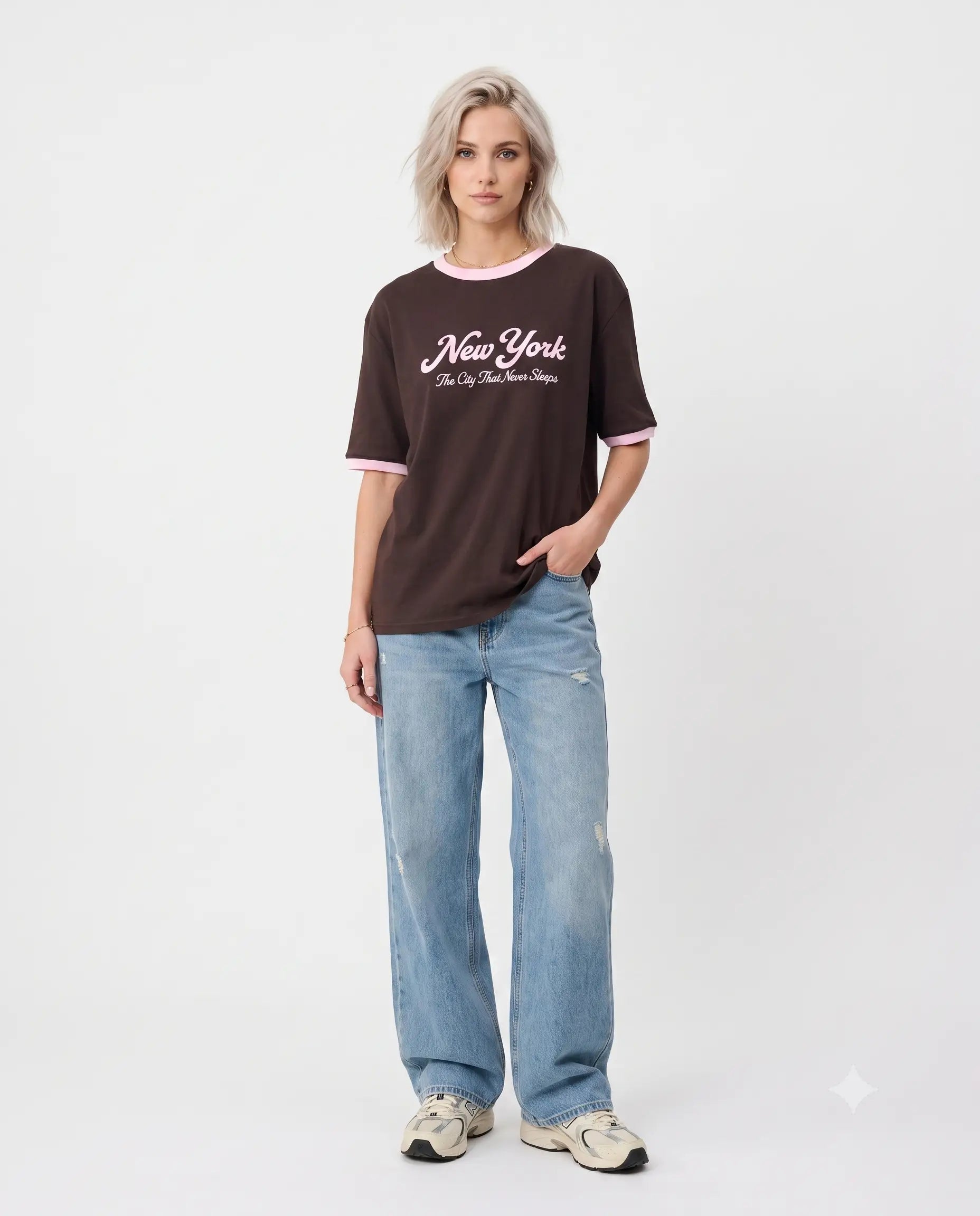 Slogan Oversize/Geniş Kalıp Düşük Kol Kısa Kollu % 100 Pamuk Örme T-Shirt - Kahverengi / XS