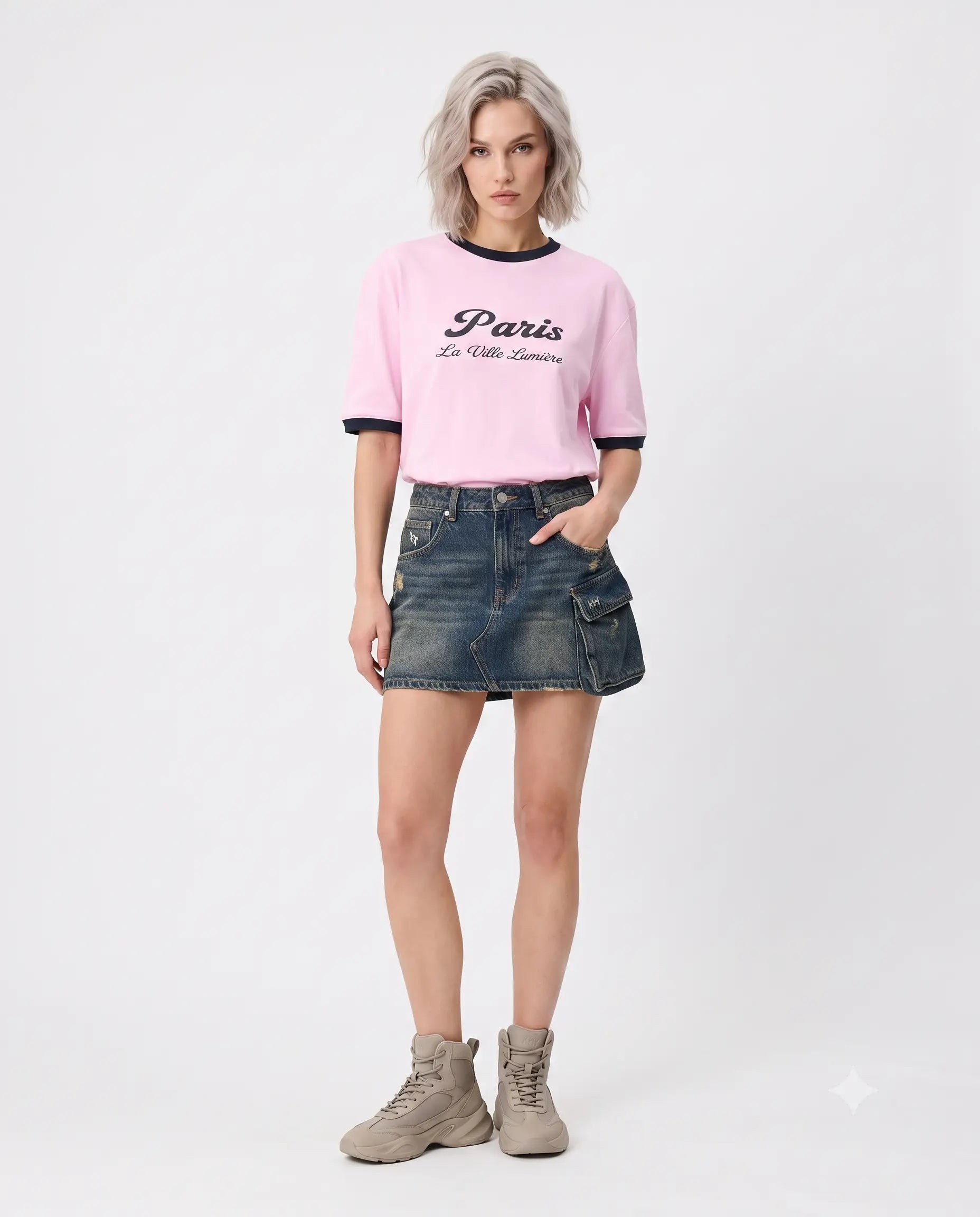Slogan Oversize/Geniş Kalıp Düşük Kol Kısa Kollu % 100 Pamuk Örme T-Shirt - Pembe / XS