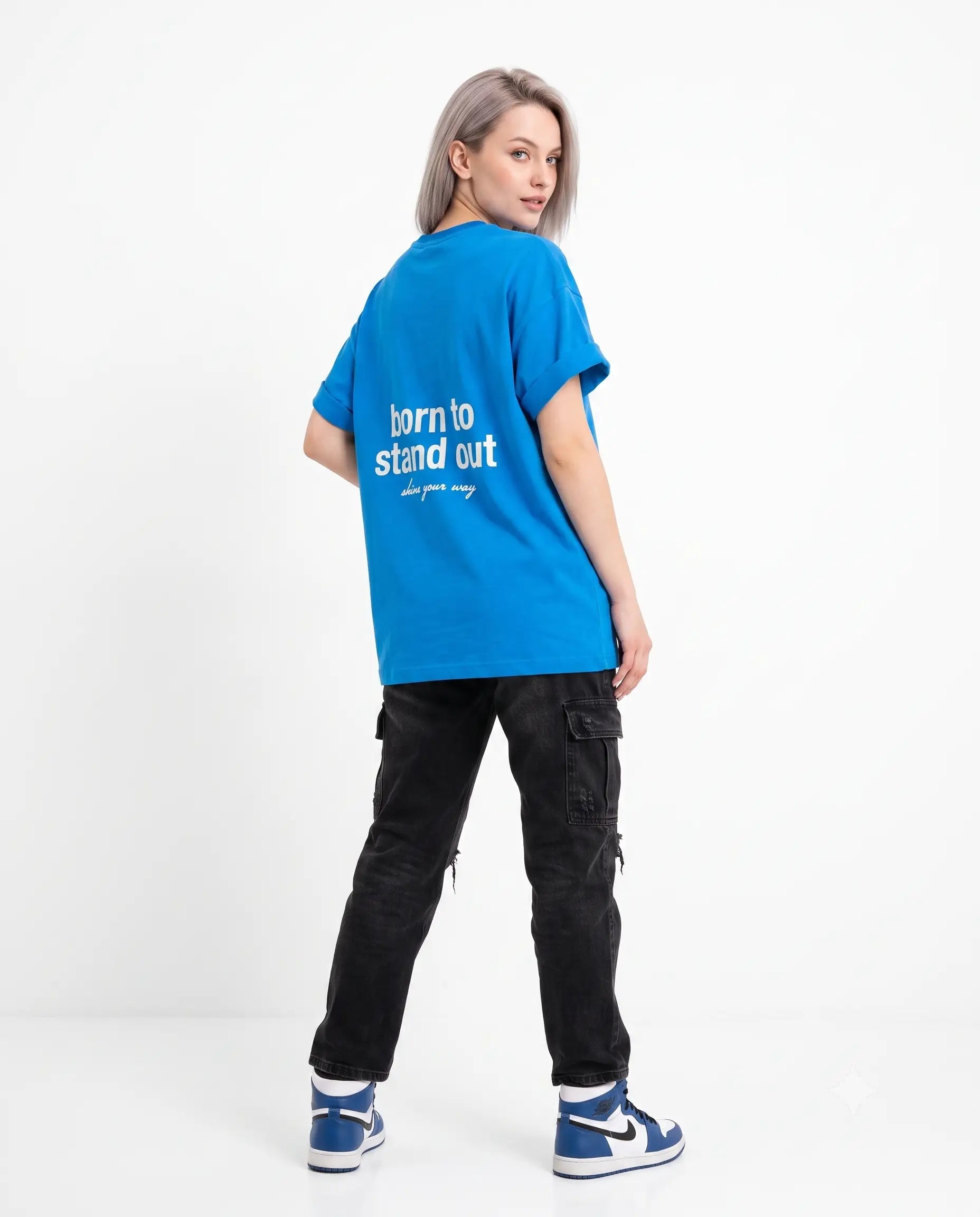 Slogan Oversize/Geniş Kalıp Sırt Baskılı Uzun Tok % 100 Pamuk Örme T-Shirt - Lacivert / XS