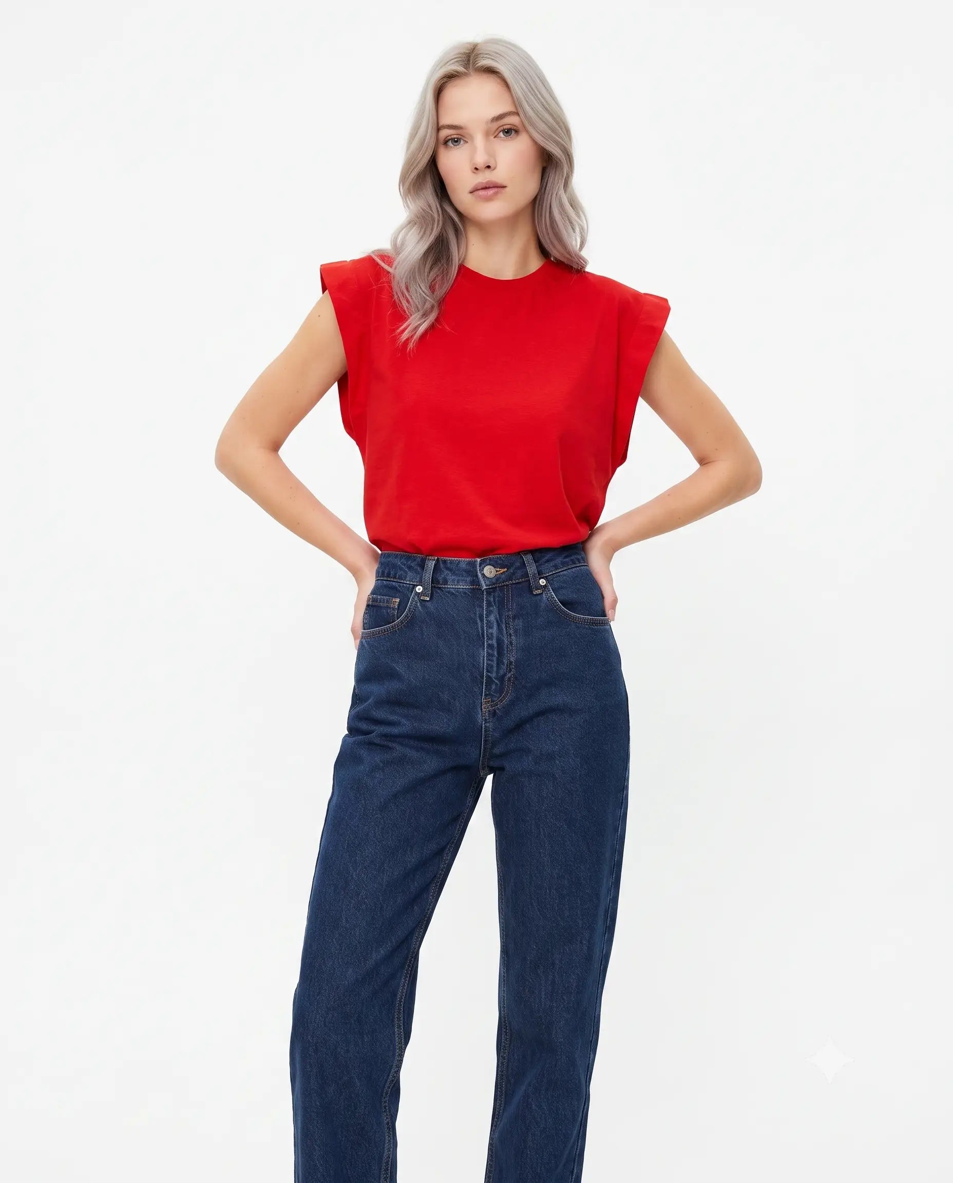 Vatka Görünümlü Basic Bisiklet Yaka Örme T-Shirt - Kırmızı / XS
