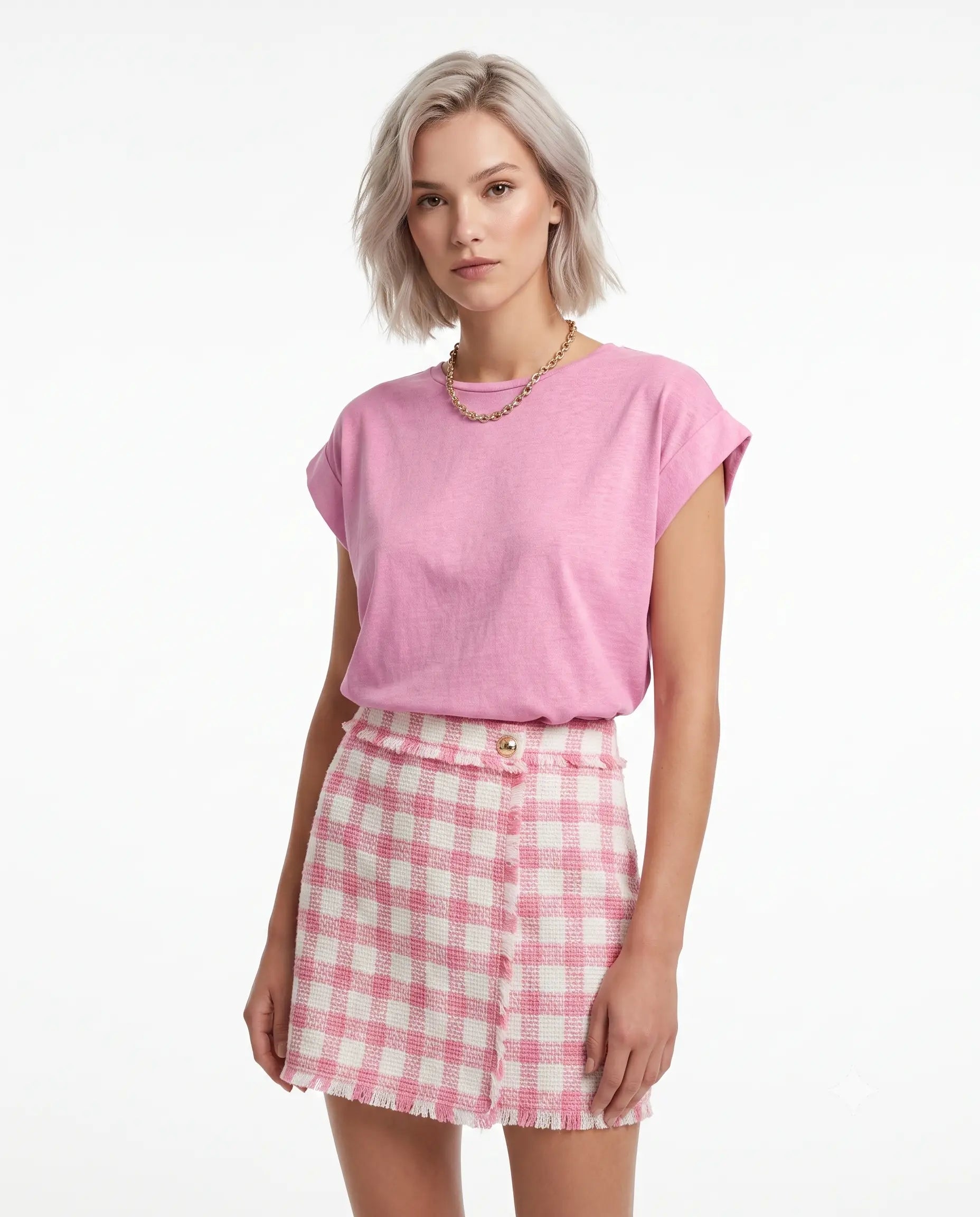 Vatka Görünümlü Basic Bisiklet Yaka Örme T-Shirt - Pembe / XS