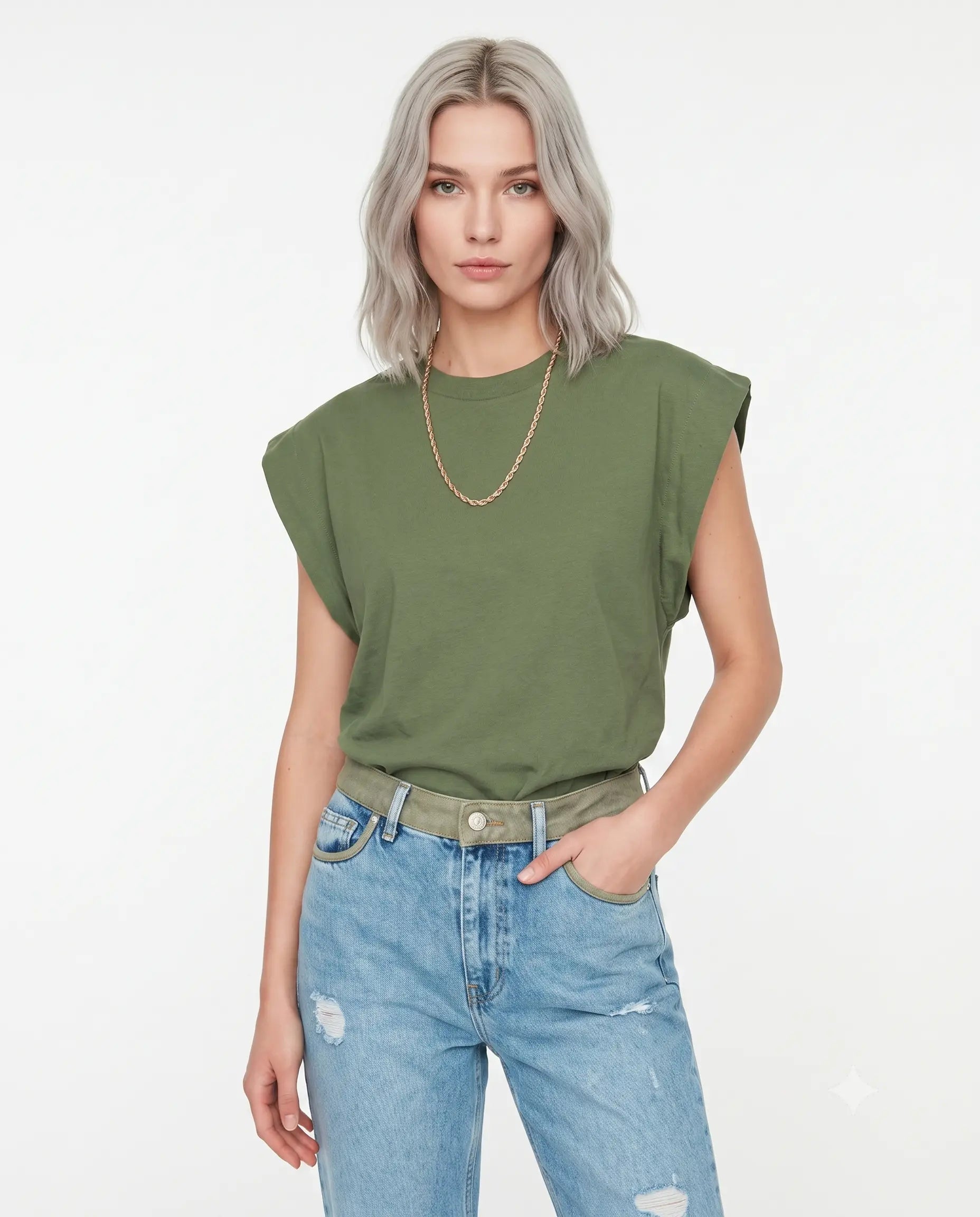 Vatka Görünümlü Basic Bisiklet Yaka Örme T-Shirt - Yeşil / XS